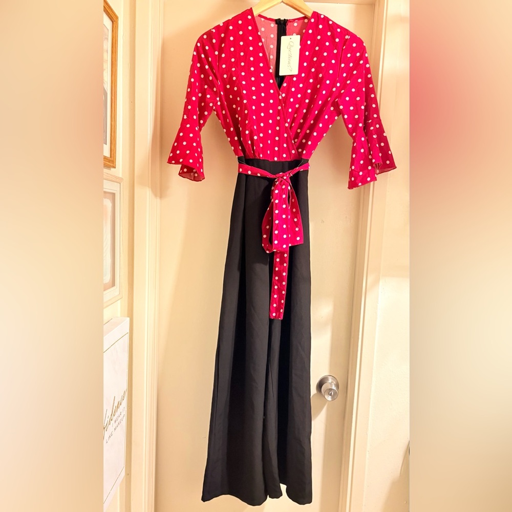 Polka Dot Red & Black Wrap Jumpsuit with Tie Waist Size XS